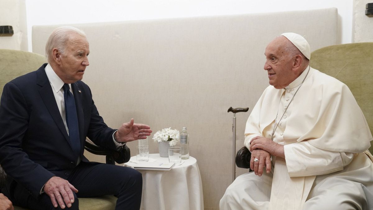 FILE - President Joe Biden, left, meets with Pope Francis in Savelletri, Puglia, Italy, June 14, 2024. (Kevin Lamarque/Pool Photo via AP, File)