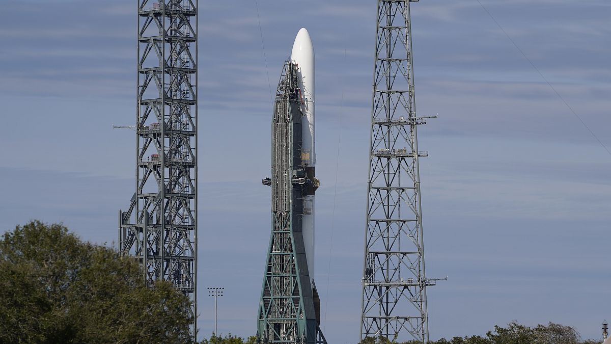 The Blue Origin New Glenn rocket stands ready on Launch Complex 36 at the Cape Canaveral Space Force Station, Saturday, Jan. 11, 2025, in Cape Canaveral, Florida.