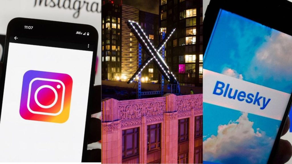 Instagram and Bluesky logos and Workers install lighting on an