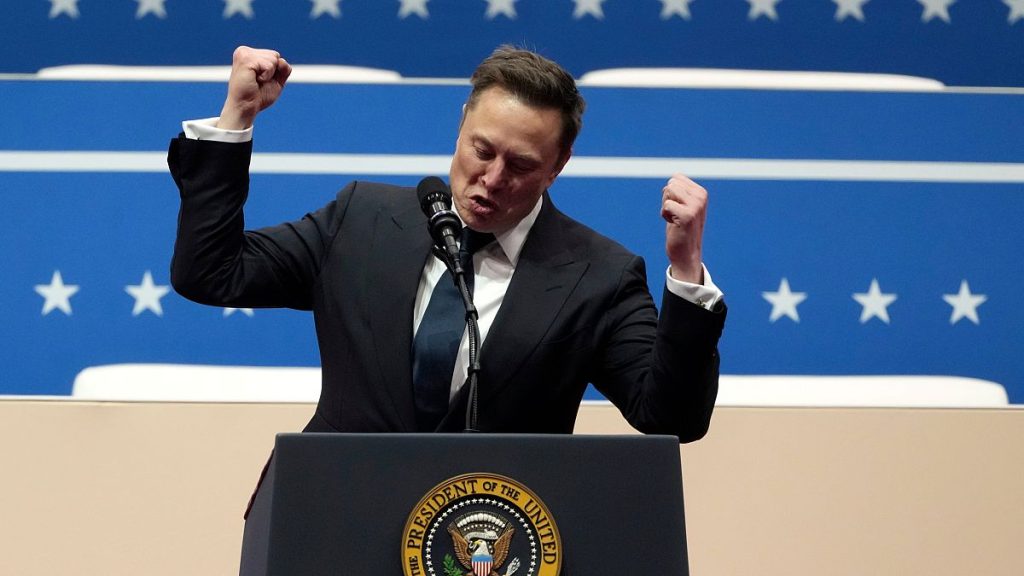 Elon Musk speaks at an indoor Presidential Inauguration parade event in Washington, DC.