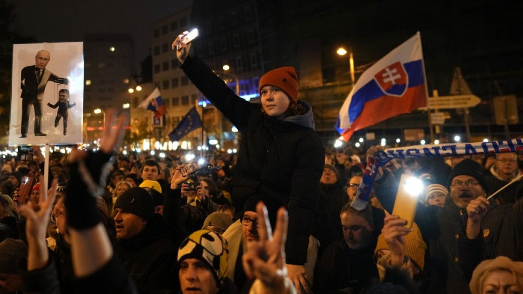 FILE PHOTO- Protests to oppose the policies of populist Prime Minister Robert Fico, in Bratislava, Slovakia, Sunday, Nov. 17, 2024.