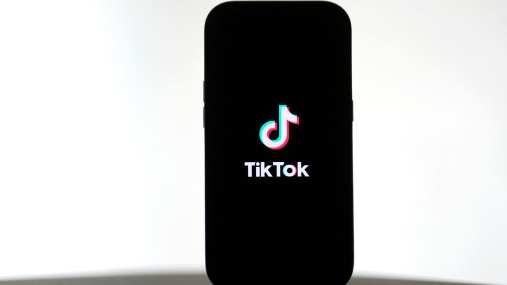 A TikTok logo is shown on a phone, Friday, January 17, 2025.