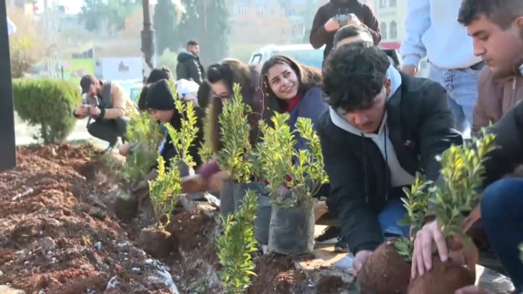 Residents of Aleppo help to plant trees and flowers.