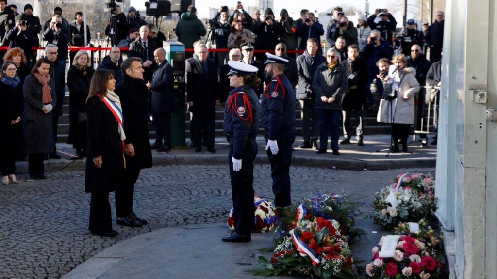 French President Emmanuel Macron and Mayor of Paris Anne Hidalgo during commemorations marking 10 years since an Islamist attack on the Charlie Hebdo, Tuesday Jan. 7, 2025.