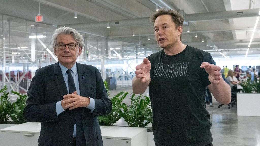 Former EU Commissioner for the Internal Market Thierry Breton and X owner Elon Musk.