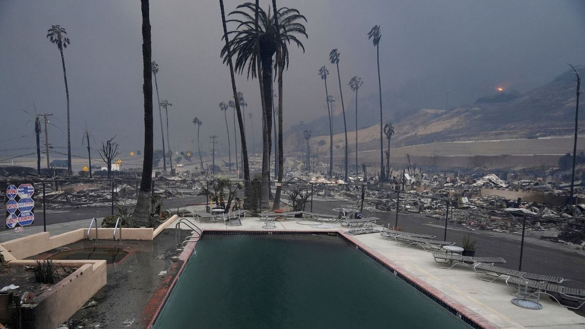 A wildfire-ravaged property is shown after the Palisades Fire swept through in the Pacific Palisades neighborhood of Los Angeles, 8 January 2025.