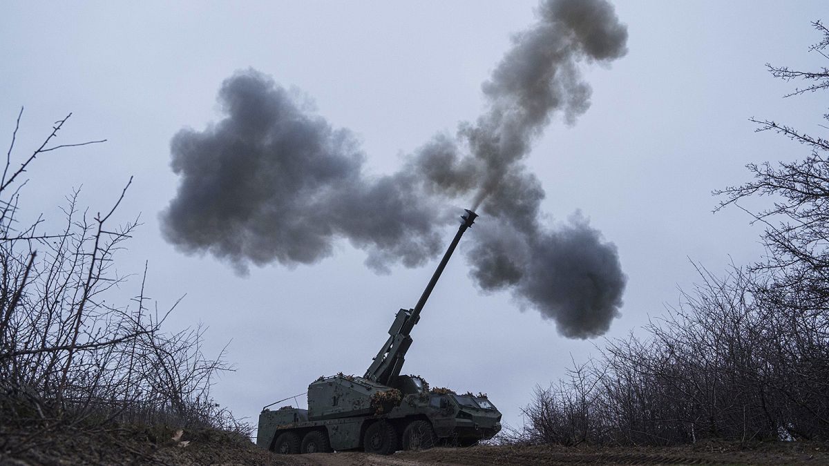 A Ukrainian brigade fires a self-propelled howitzer toward Russian front-line positions in the Donetsk region of eastern Ukraine, 23 January 2025