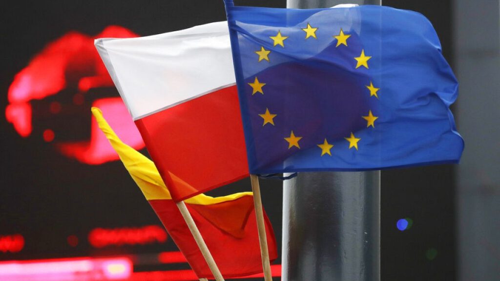 Polish and EU flags.