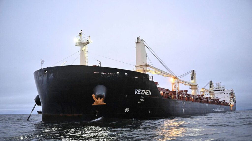 The cargo ship Vezhen is anchored outside Karlskrona, Sweden, Monday, Jan. 27, 2025, for examination by Swedish authorities.