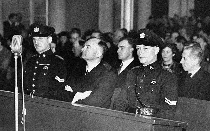 Anton Mussert, chef du Parti national-socialiste néerlandais, a été jugé pour trahison devant un tribunal spécial de La Haye, le 27 novembre 1945.