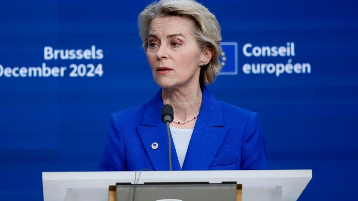 European Commission President Ursula von der Leyen addresses a media conference at the end of an EU summit in Brussels, Thursday, Dec. 19, 2024.