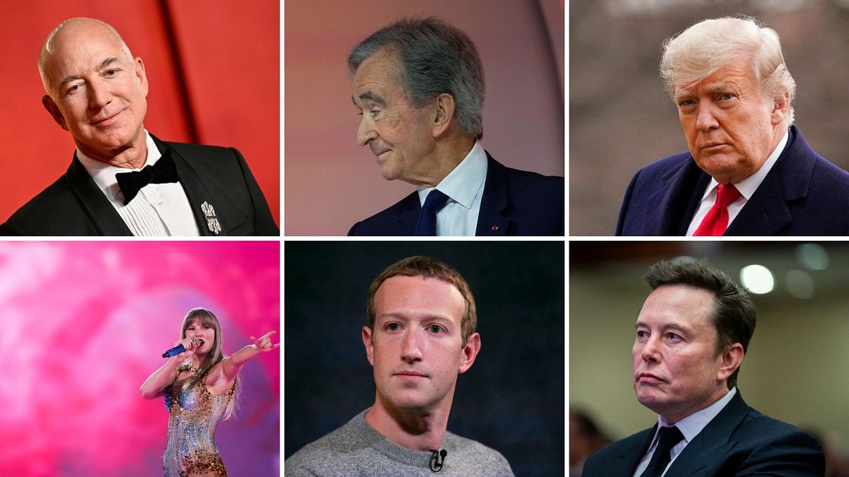 Billionaires Jeff Bezos, Bernard Arnault, Donald Trump, Taylor Swift, Mark Zuckerberg and Elon Musk