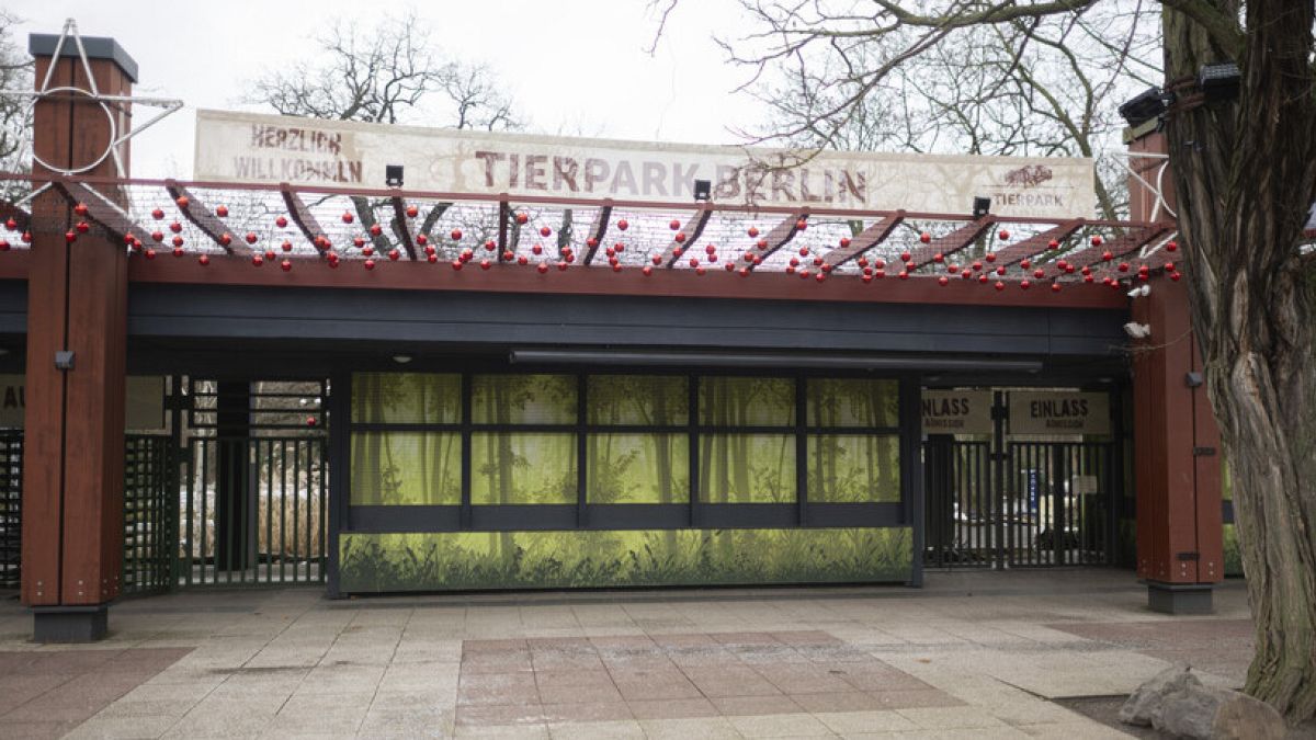 The entrance to the zoo Tierpark Berlin, Berlin, Saturday Jan. 11, 2025, which has closed to visitors as a precaution after foot-and-mouth disease was detected