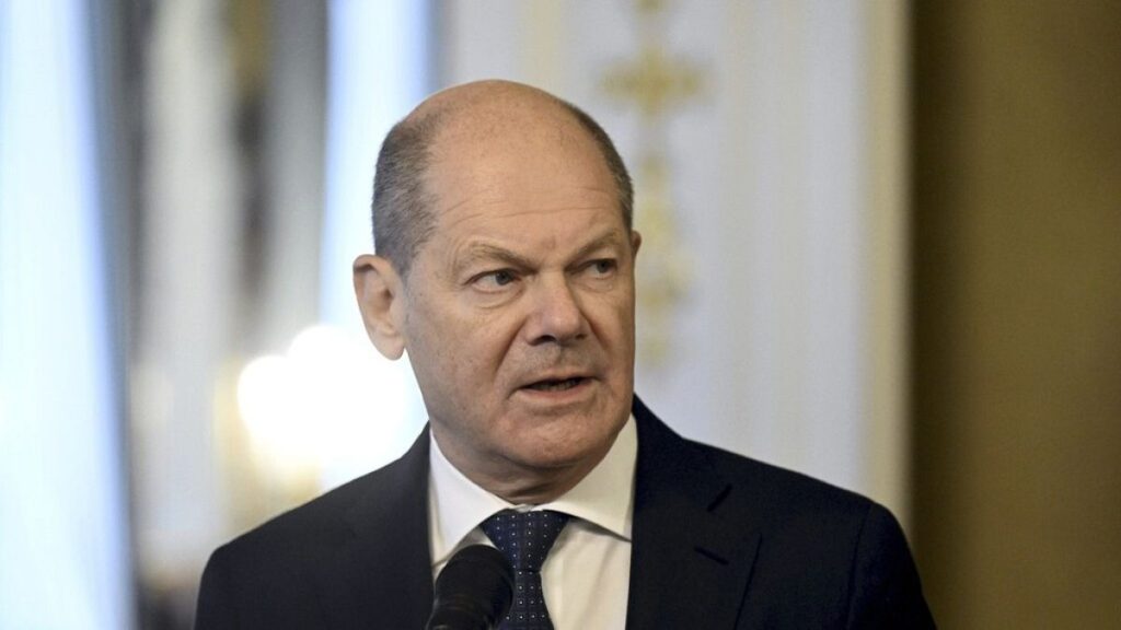 FILE: German Chancellor Olaf Scholz gives a statement during the summit of the Baltic Sea NATO countries in Helsinki, Finland, Tuesday, Jan. 14, 2025.