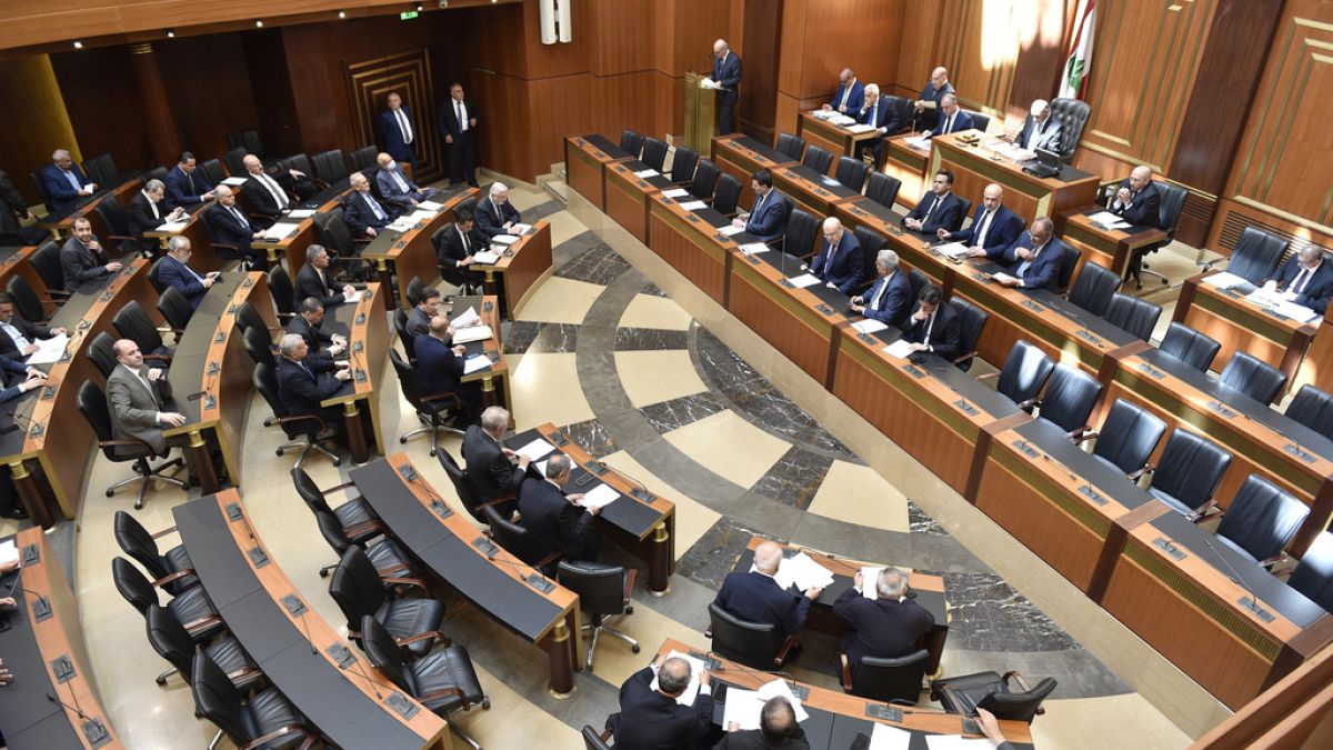 FILE - In this photo released by the Lebanese Parliament media office, Lebanese lawmakers attending a parliament session, in Beirut, Lebanon, April 18, 2023.