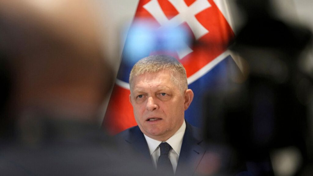 Slovakian Prime Minister Robert Fico speaks during a media conference, regarding Ukraine