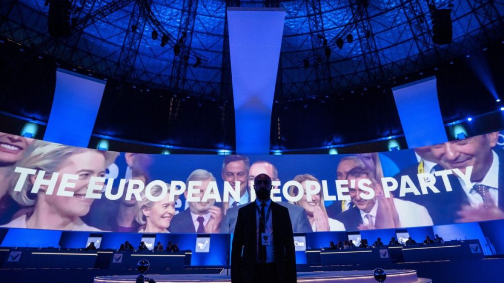 A member of the security staff stands in front of the podium at the EPP Congress in Bucharest, Romania, Thursday, March 7, 2024.