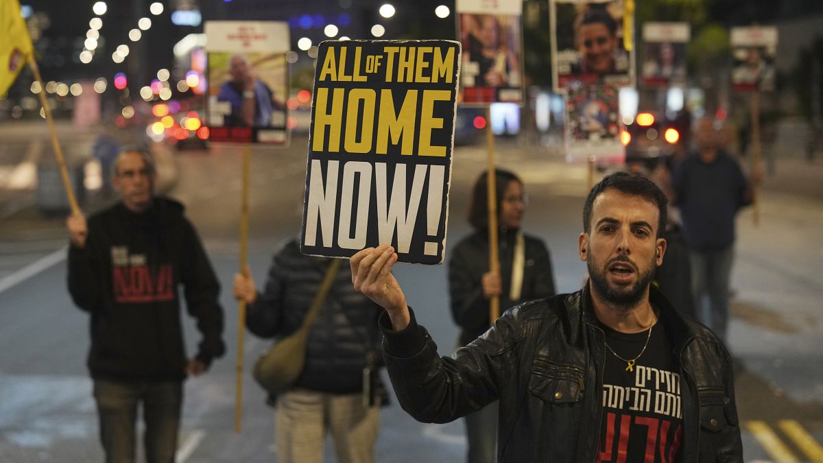 Israeli protesters call for Hamas to release hostages outside the Ministry of Defence headquarters in Tel Aviv, 17 December, 2024