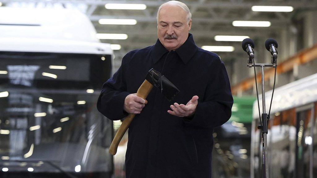 Lukashenko with an axe at a meeting with workers of the Minsk Automobile Plant (MAZ) in Minsk, 21 January 2025.