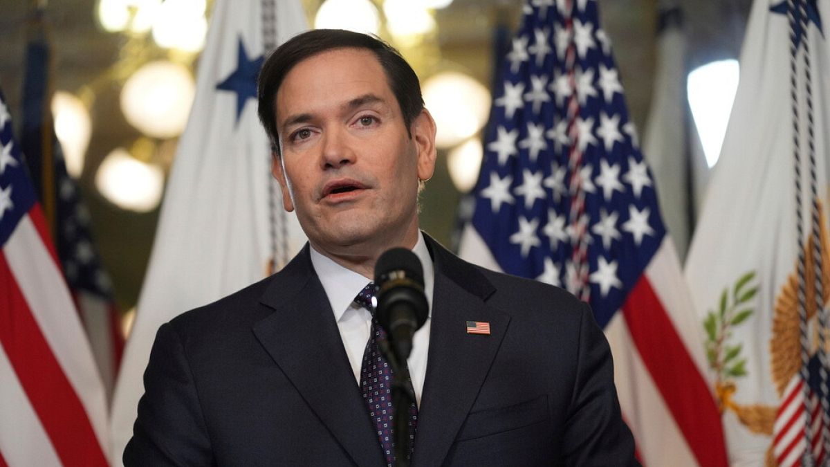 Secretary of State Marco Rubio speaks after being sworn in by Vice President JD Vance in the Vice Presidential Ceremonial Office in the Eisenhower Executive Office Building.