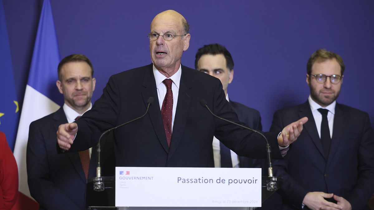 Newly named French finance minister Eric Lombard delivers a speech after the handover ceremony, Paris. 23 December 2024.