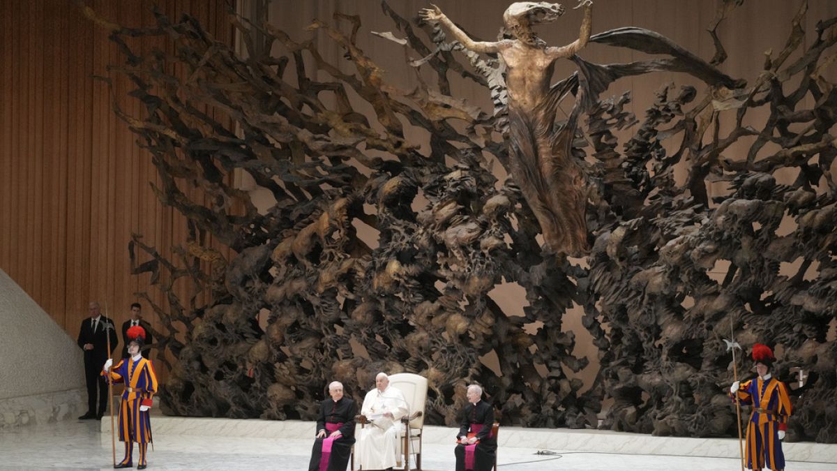 Pope Francis meets representatives of the media during a public jubilar audience in the Paul VI Hall at the Vatican, Saturday, Jan. 25, 2025