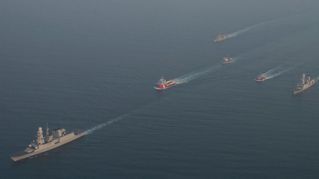 Warships escort salvage ships on 14 September, 2024, in the Red Sea as part of the EU