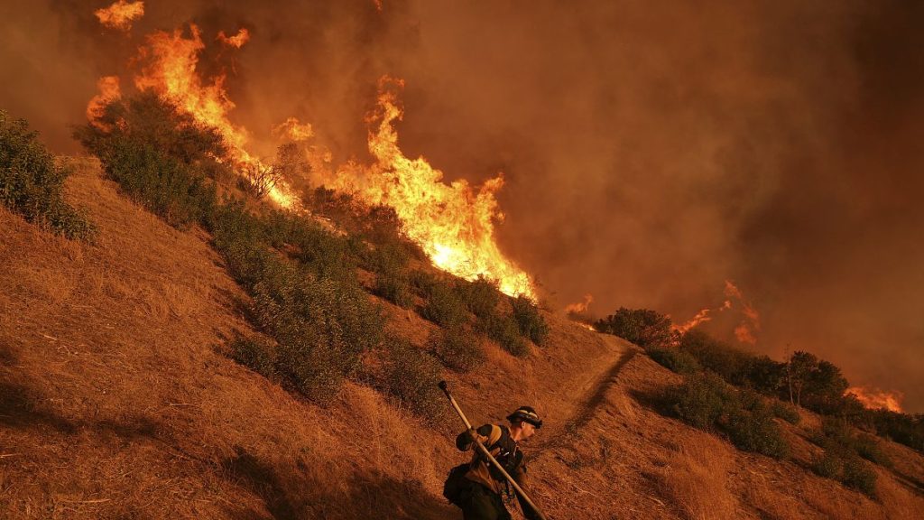 A firefighter battles the Palisades Fire in Mandeville Canyon Saturday, Jan. 11, 2025, in Los Angeles. (AP Photo/Jae C. Hong)