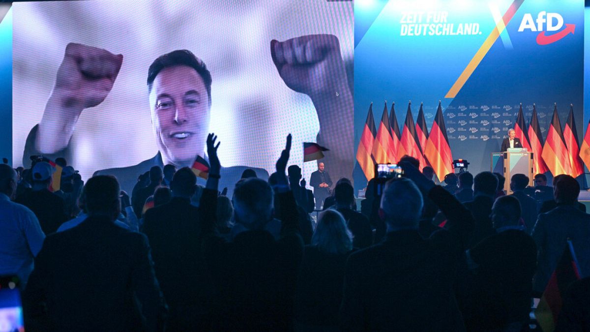 U.S. businessman Elon Musk is shown during a live video link, as Alice Weidel, AfD candidate for chancellor takes to the stage, during the AfD