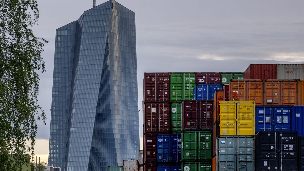 The European Central Bank is pictured next to containers in Frankfurt, Germany.