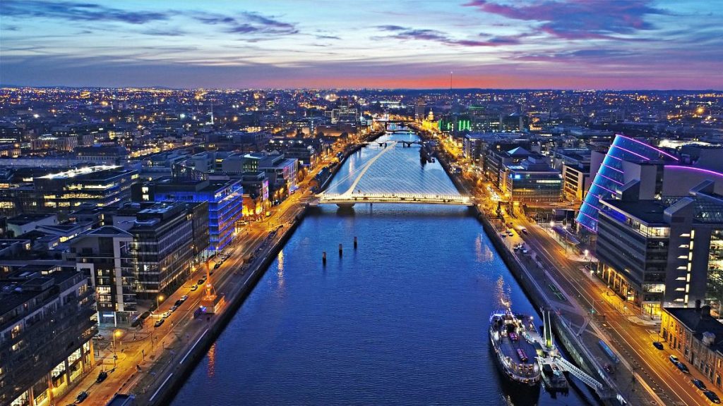 Aerial view of Dublin, Ireland at night