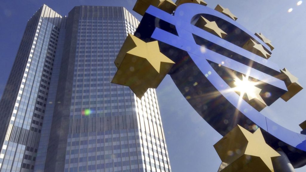 File picture of euro sculpture in front of the European Central Bank in Frankfurt