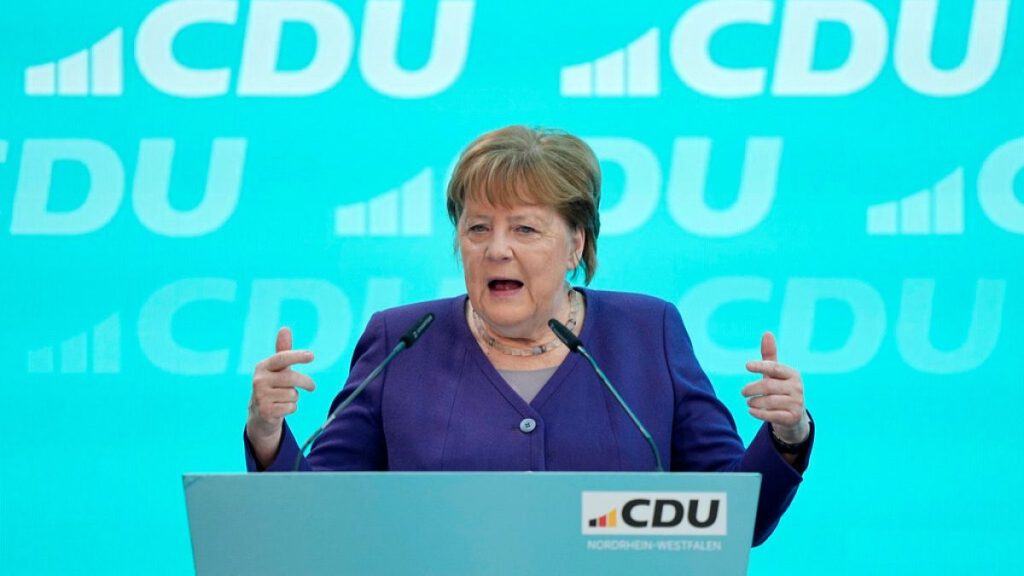 Angela Merkel delivers a speech during a reception of the North Rhine-Westphalian Christian Democratic Union, CDU, in Duesseldorf, Germany, Saturday, Jan. 18, 2025.