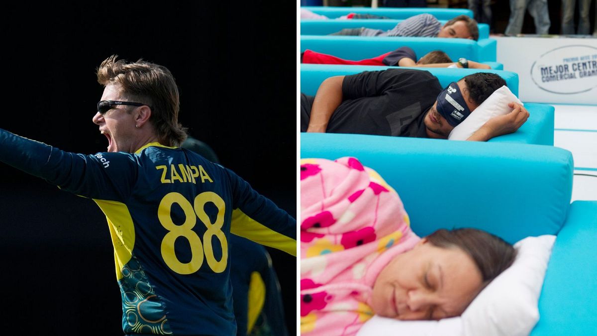 Australian cricketer Adam Zampa sporting a mullet, 2024, and sleeping Spaniards at a Siesta Championship in Madrid, 2010.