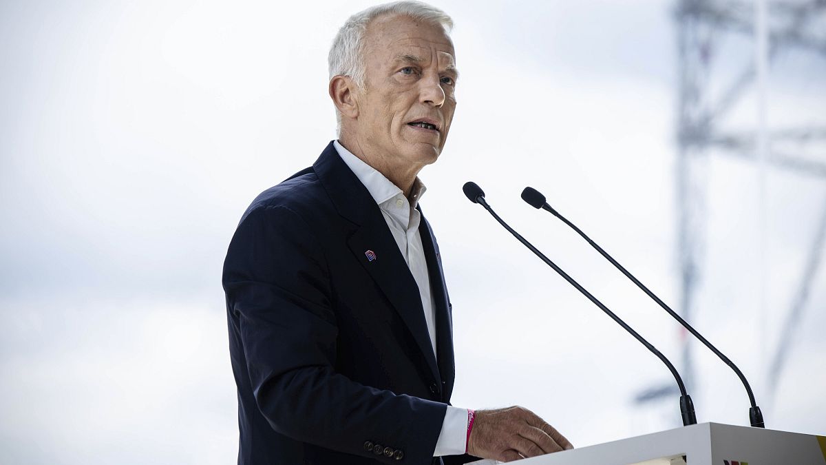 Patrick Martin, head of the French employer association Medef,  delivers a speech during a business meeting in Paris. 28 August 2023.