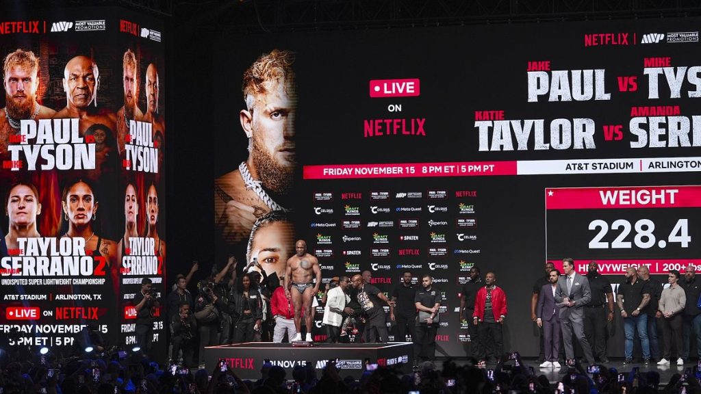 Mike Tyson during a weigh-in ahead of his heavyweight bout on Netflix against Jake Paul in Texas