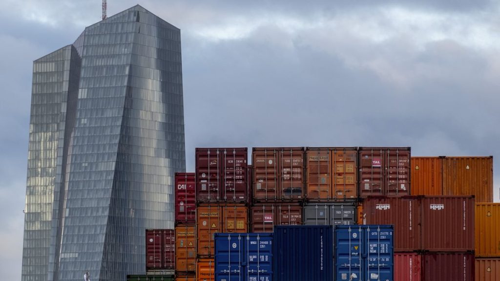 The European Central Bank is pictured next to containers in Frankfurt, Germany.