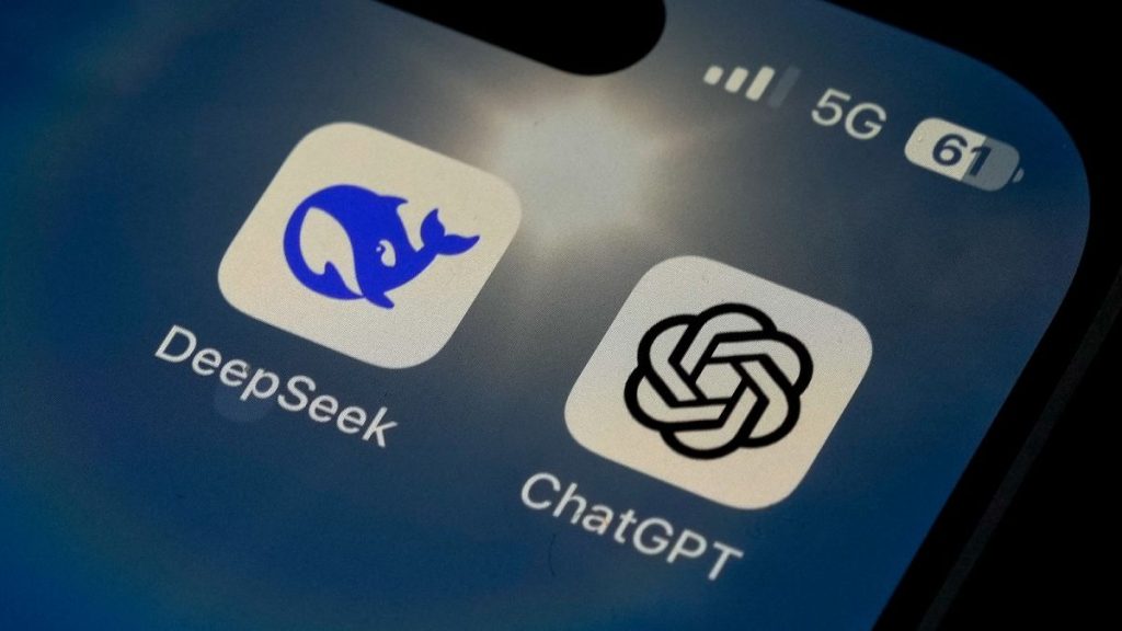 The Icons for the smartphone apps DeepSeek and ChatGPT are seen on a smartphone screen in Beijing, Tuesday, Jan. 28, 2025