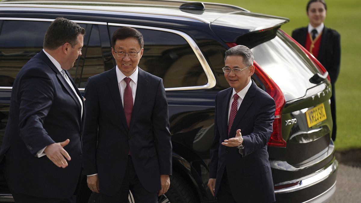 FILE - Chinese Vice Premier Han Zheng, centre, arrives at Buckingham Palace in London, 5 May 2023