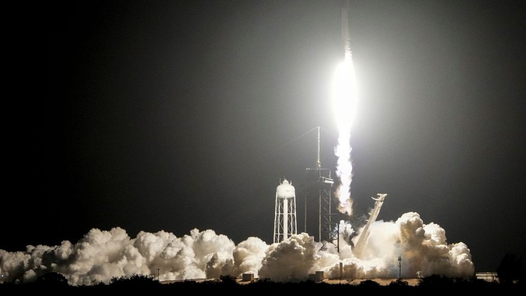 A SpaceX Falcon 9 rocket lifts off from pad 39A with a payload of a pair of lunar landers at the Kennedy Space Center in Cape Canaveral, Fla., Wednesday, Jan. 15, 2025.