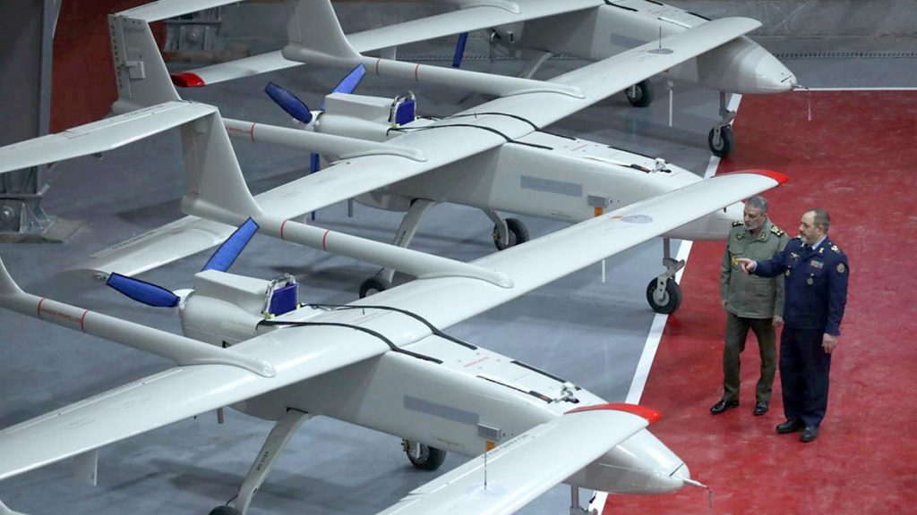 Iranian Defence Minister Gen Aziz Nasirzadeh and army commander Gen Abdolrahim Mousavi in a ceremony to deliver domestically-built drones, 13 January 2025