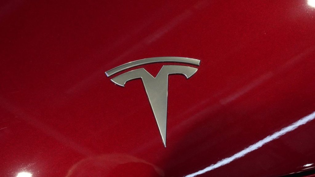 The logo of Tesla car is pictured at the Paris Auto Show, in Paris, Oct. 14, 2024