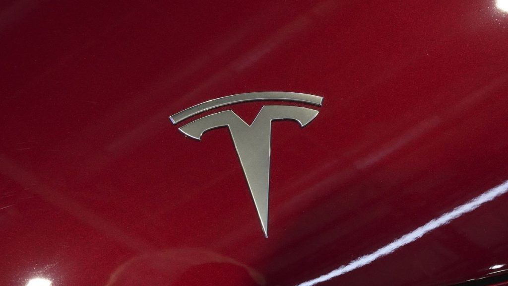 The logo of Tesla car is pictured at the Paris Auto Show, in October 2024.