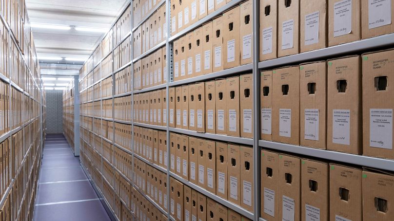 Rows of CABR files are shown at the National Archives in the Hague, the Netherlands. 