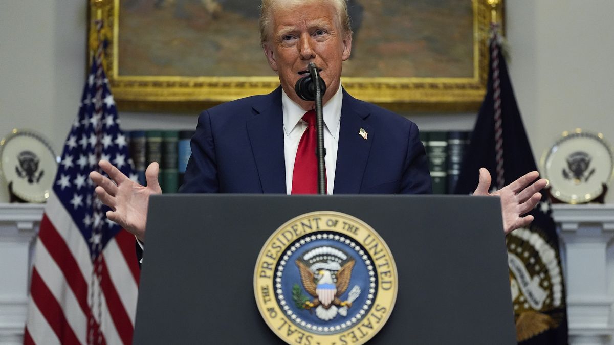 President Donald Trump speaks in the Roosevelt Room of the White House