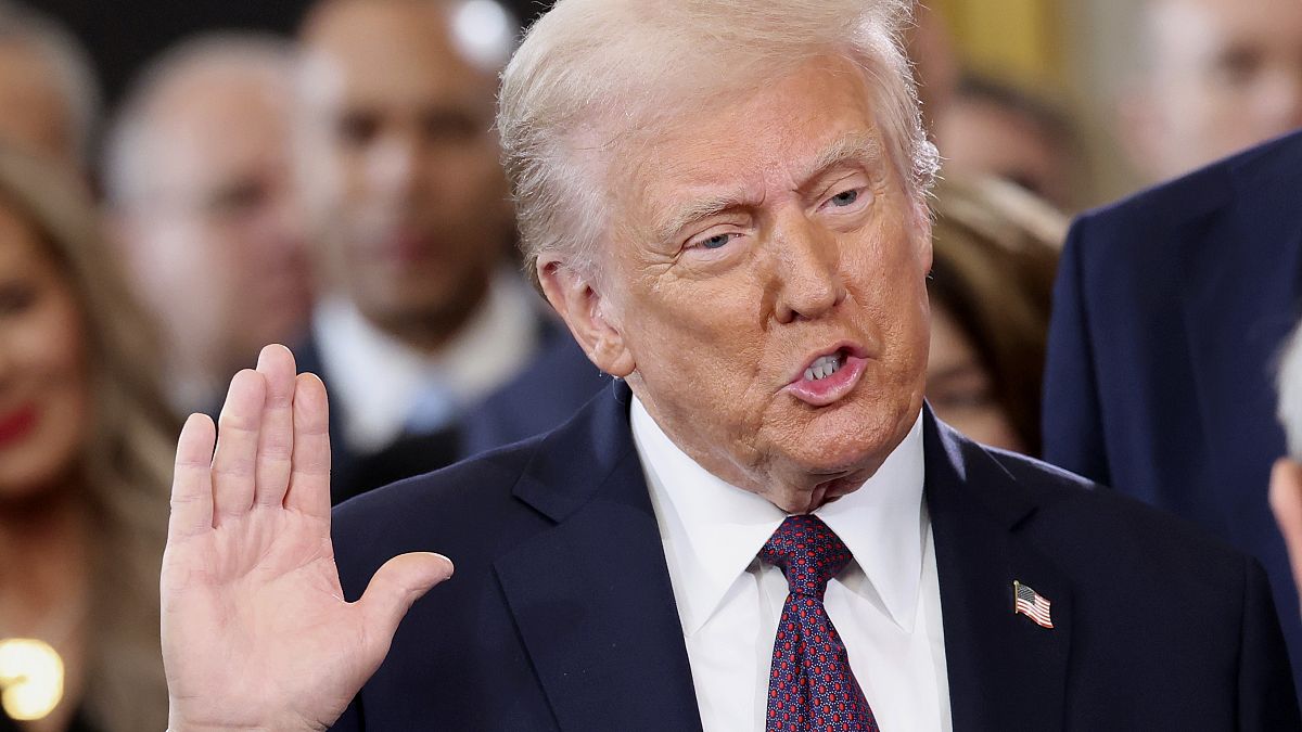 President-elect Donald Trump takes the oath of office during the 60th Presidential Inauguration in the Rotunda of the U.S. Capitol in Washington, Monday, Jan. 20, 2025.