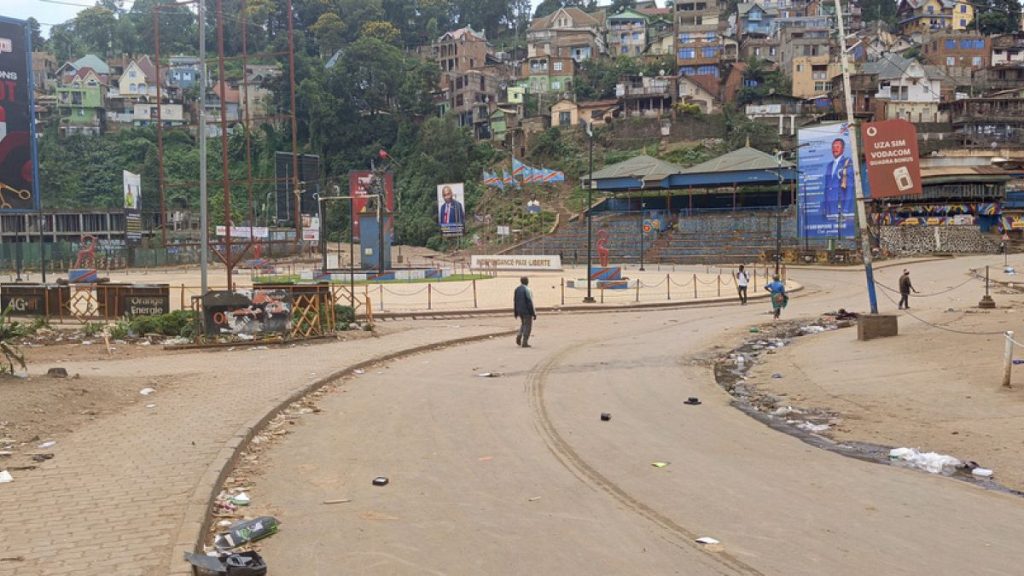 An empty street in Bukavu, eastern Congo, Saturday, Feb. 15, 2025. (AP Photo/Janvier Barhahiga)