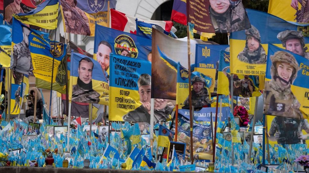 A makeshift memorial for fallen Ukrainian soldiers in Russian-Ukrainian war, on Independence Square in Kyiv.