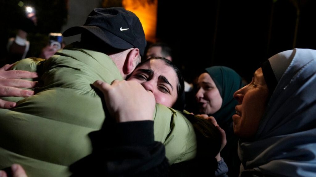 Palestinian prisoners are greeted after being released from Israeli prison following a ceasefire agreement between Israel and Hamas, Thursday, Feb. 27, 2025.