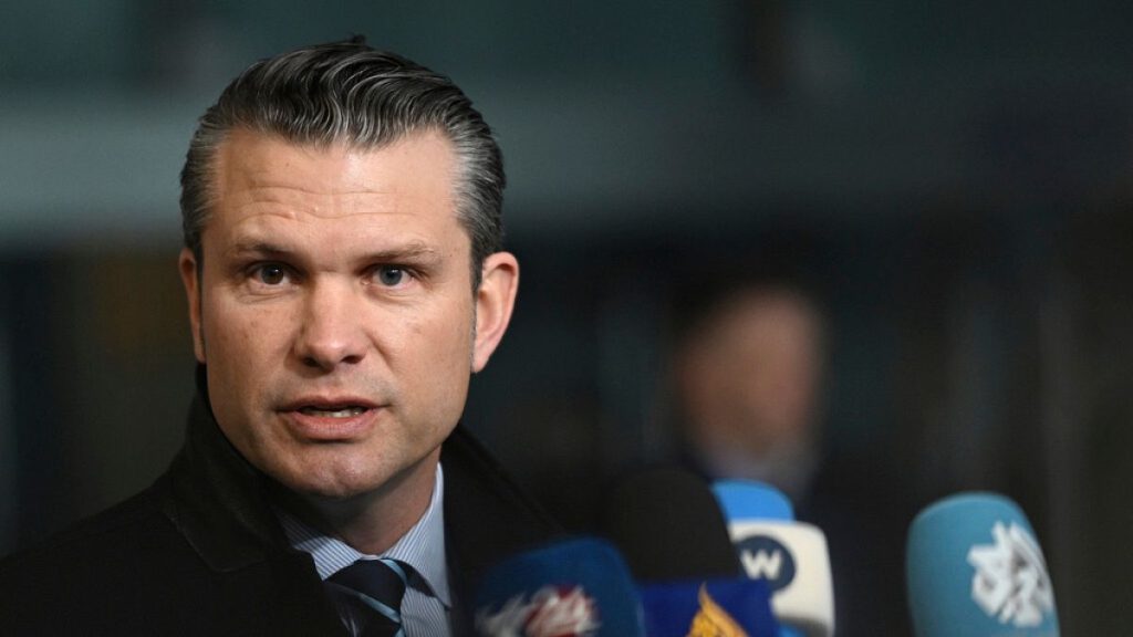 United States Secretary of Defense Pete Hegseth speaks with the media as he arrives for a meeting of NATO defense ministers at NATO headquarters in Brussels, Thursday, Feb. 13